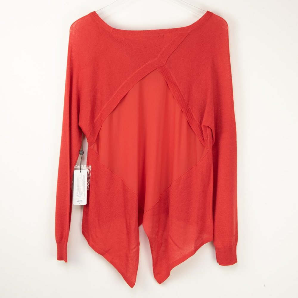 Kerisma Joelle Top Knit Sheer Chiffon Back Shirt Brick Red Size Large New - Picture 3 of 7